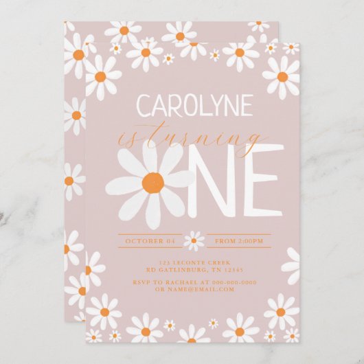 ピンクレトロデイジー最初のバースデーパーティ招待状 招待状 (正面/裏面)