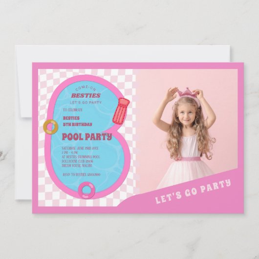 ピンクレトロドールプール誕生日写真パーティー 招待状 (正面)