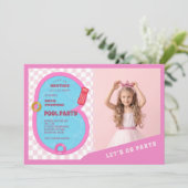 ピンクレトロドールプール誕生日写真パーティー 招待状 (スタンド正面)