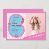 ピンクレトロドールプール誕生日写真パーティー 招待状 (正面/裏面)