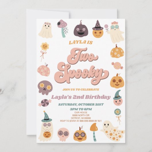 ピンクレトロハロウィン不気味2回目の誕生日パーティー 招待状 (正面)