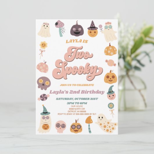 ピンクレトロハロウィン不気味2回目の誕生日パーティー 招待状 (スタンド正面)