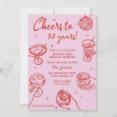 ピンクレトロハンドドローファンキード誕生日パーティー 招待状 (正面)