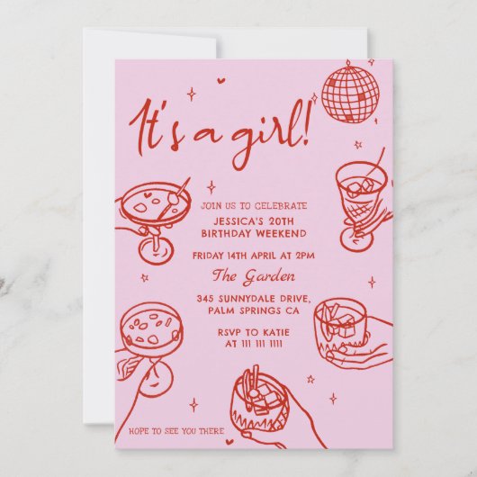 ピンクレトロハンドドロー赤ちゃんシャワー招待状 招待状 (正面)