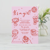 ピンクレトロハンドドロー赤ちゃんシャワー招待状 招待状 (スタンド正面)