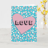 ピンクレトロハートと花模様バレンタインデー カード (黄色い花)