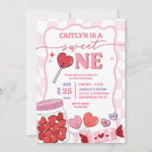 ピンクレトロハートキャンディスウィートワンファースト誕生日 招待状 (正面)