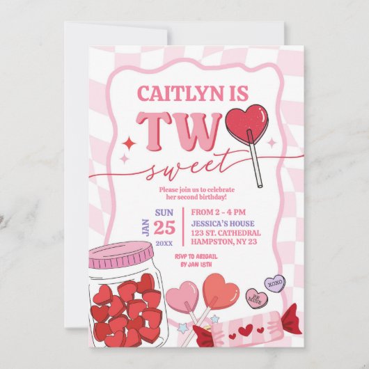 ピンクレトロハートキャンディツスウィート誕生日 招待状 (正面)