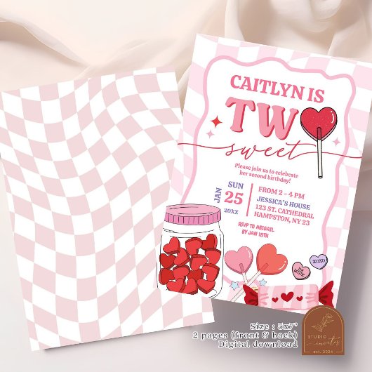 ピンクレトロハートキャンディツスウィート誕生日 招待状