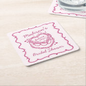 ピンクレトロハートコケッテイ チェリーケーキ ブライダルシャワー スクエアペーパーコースター (アングル)