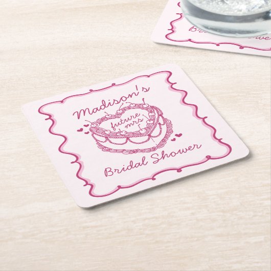 ピンクレトロハートコケッテイ チェリーケーキ ブライダルシャワー スクエアペーパーコースター (アングル)