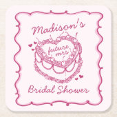 ピンクレトロハートコケッテイ チェリーケーキ ブライダルシャワー スクエアペーパーコースター (正面)