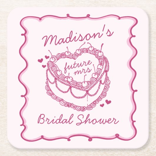 ピンクレトロハートコケッテイ チェリーケーキ ブライダルシャワー スクエアペーパーコースター (正面)