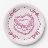 ピンクレトロハートコケッテイ チヤーリーケーキ オーダーメイド ペーパープレート (正面)