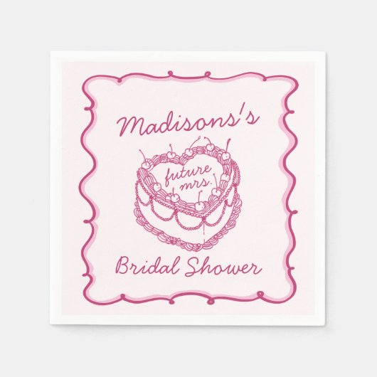 ピンクレトロハートコケッテイ チョコレートケーキ ブライダルシャワー スタンダードカクテルナプキン (正面)