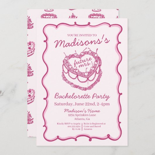 ピンクレトロハートコケッテ チェリーケーキ ブライズメイドパーティー 招待状 (正面/裏面)