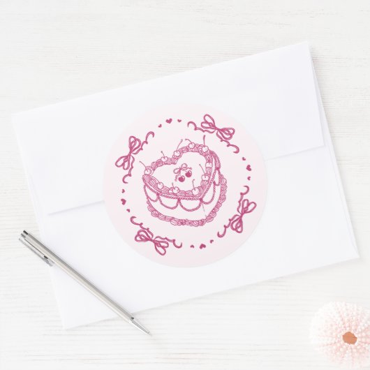 ピンクレトロハートコケットさくらんぼケーキエンベロープ ラウンドシール (封筒)