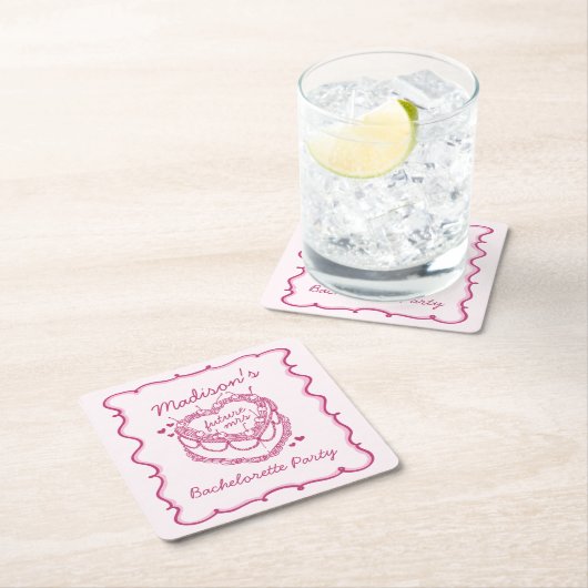 ピンクレトロハートコケットさくらんぼケーキバチェロレッテ スクエアペーパーコースター (インサイチュ)