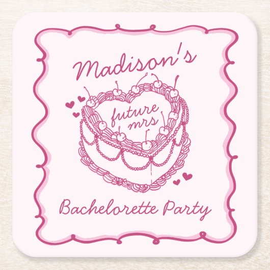 ピンクレトロハートコケットさくらんぼケーキバチェロレッテ スクエアペーパーコースター (正面)