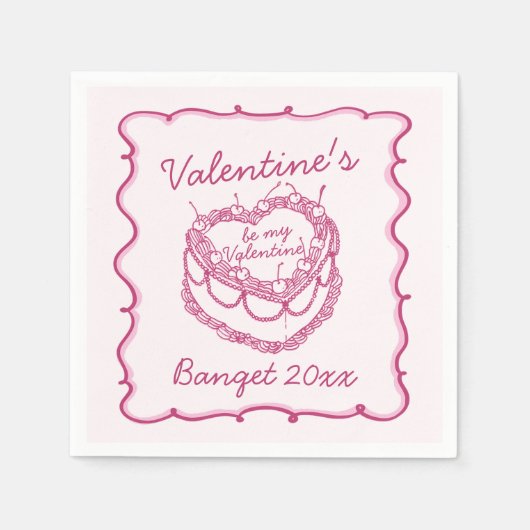 ピンクレトロハートコケットさくらんぼケーキバレンタイン スタンダードカクテルナプキン (正面)