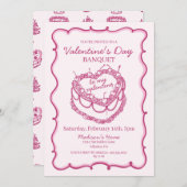 ピンクレトロハートコケットさくらんぼケーキバレンタイン 招待状 (正面/裏面)