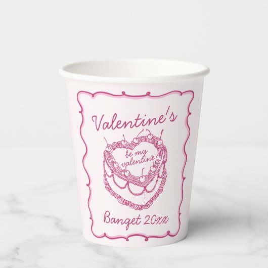 ピンクレトロハートコケットさくらんぼケーキバレンタイン 紙コップ (裏面)