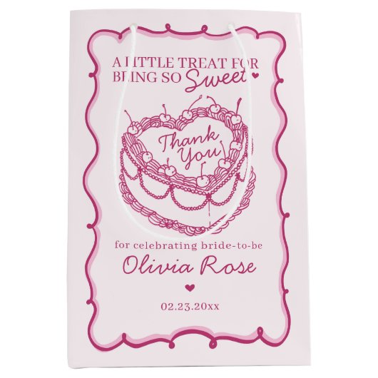 ピンクレトロハートコケットさくらんぼケーキブライダルシャワー ミディアムペーパーバッグ (正面)