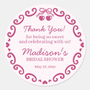 ピンクレトロハートコケットさくらんぼケーキブライダルシャワー ラウンドシール