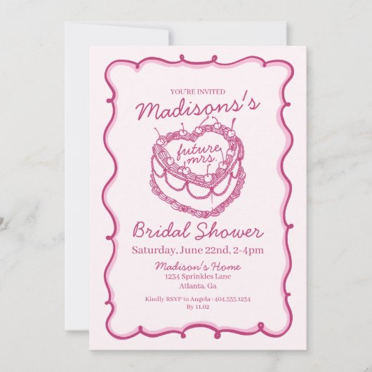 ピンクレトロハートコケットさくらんぼケーキブライダルシューウェ 招待状 (正面)