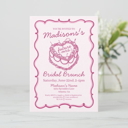 ピンクレトロハートコケットさくらんぼケーキブライダルブルンジ 招待状 (スタンド正面)