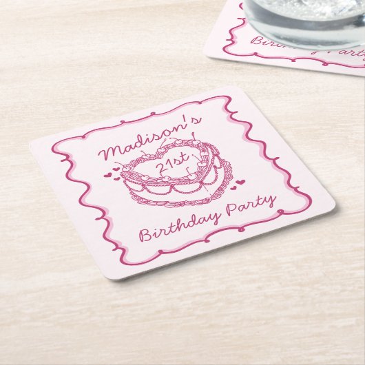 ピンクレトロハートコケットさくらんぼケーキ誕生日 スクエアペーパーコースター (アングル)