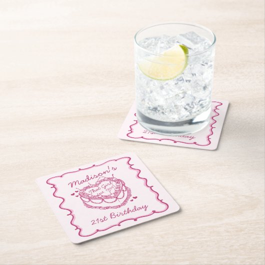 ピンクレトロハートコケットさくらんぼケーキ誕生日 スクエアペーパーコースター (インサイチュ)