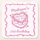 ピンクレトロハートコケットさくらんぼケーキ誕生日 スクエアペーパーコースター (正面)