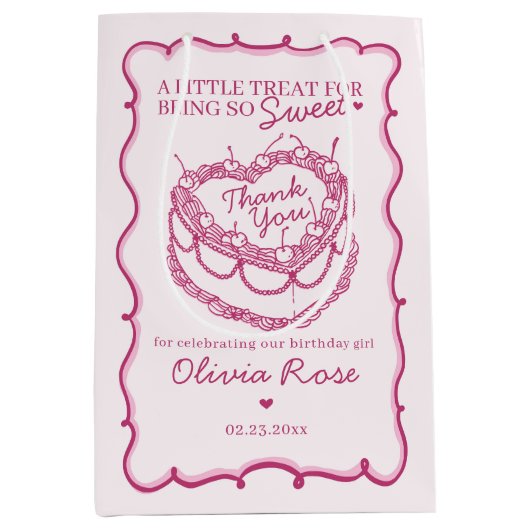 ピンクレトロハートコケットさくらんぼケーキ誕生日 ミディアムペーパーバッグ (正面)