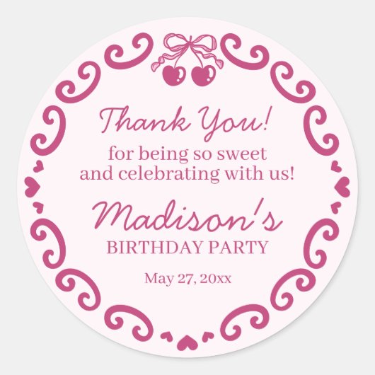 ピンクレトロハートコケットさくらんぼケーキ誕生日 ラウンドシール (正面)