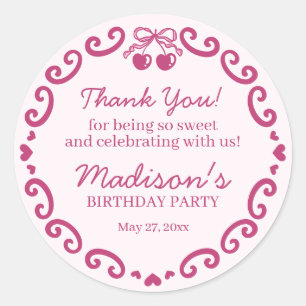 ピンクレトロハートコケットさくらんぼケーキ誕生日 ラウンドシール