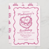 ピンクレトロハートコケットさくらんぼケーキ誕生日 招待状 (正面/裏面)