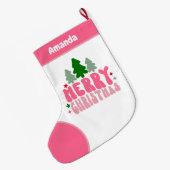 ピンクレトロパーソナライズクリスマス ラージクリスマスストッキング (裏面 (吊り時))
