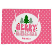ピンクレトロパーソナライズクリスマス ラージペーパーバッグ (正面)