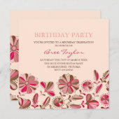 ピンクレトロフラワーデザイン誕生日招待状 招待状 (正面/裏面)