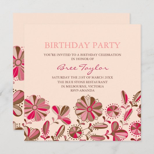 ピンクレトロフラワーデザイン誕生日招待状 招待状 (正面/裏面)