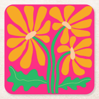 ピンクレトロフローラコースター スクエアペーパーコースター