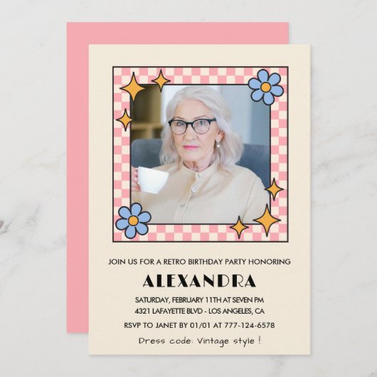 ピンクレトロフローラ写真98th birthday invitation 招待状 (正面/裏面)