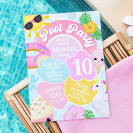 ピンクレトロプールパーティー誕生日招待状 招待状