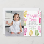 ピンクレトロポプシクルカスタム写真誕生日パーティー サンキューカード (正面)
