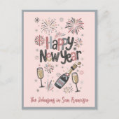 ピンクレトロミッドセンチュリーモダンスタイルハッピーニューイヤー シーズンポストカード (正面)