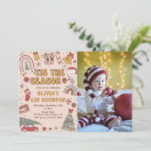 ピンクレトロレインボークリスマスツリー誕生日写真 招待状 (スタンド正面)