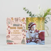 ピンクレトロレインボートラッククリスマスクリスマスフォト誕生日 招待状 (スタンド正面)