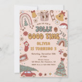 ピンクレトロレインボートラッククリスマスバースデーパーティー 招待状 (正面)