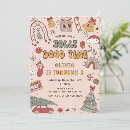 ピンクレトロレインボートラッククリスマスバースデーパーティー 招待状 (スタンド正面)